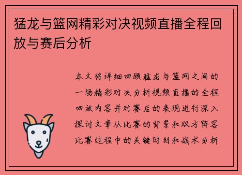 猛龙与篮网精彩对决视频直播全程回放与赛后分析